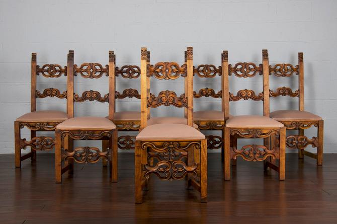 Late 19th Century Set of 8 Spanish Renaissance Revival Carved Beech Dining Chairs 