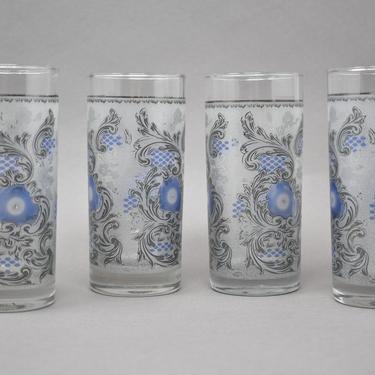 4 Vtg Tumblers Silver Acanthus Leaf Print | Set of 4 High Ball Glasses | Rococo Baroque Influenced | French Paisley Ornate Victorian Barware 