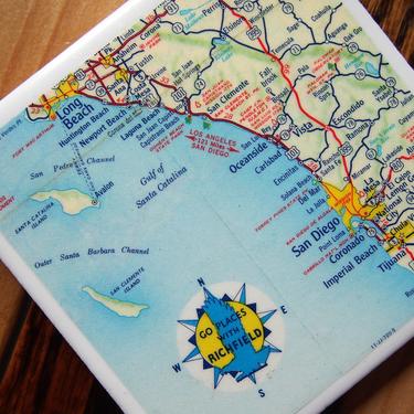 1962 Southern California Map Coaster - Ceramic Tile - Repurposed Vintage 1960s Richfield Highway Map - Handmade - Long Beach to San Diego 