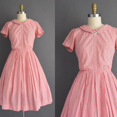 1950s vintage dress - Size Small Medium - R&amp;K pink stripe print short sleeve full skirt day dress - 50s dress 
