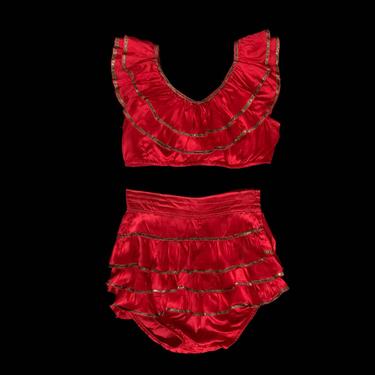 RARE! 1920s Showgirl Costume / 20s - 30s Burlesque Style Ruffled Bra Top and Panties Set / Red Satin!  Lingerie Outfit /  1930s Stage Set 