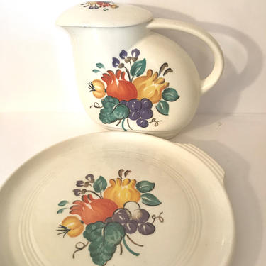 Vintage 1938 Knowles Utility Ware China Water Refrigerator Pitcher &amp; Serving Tray Fruit Design 