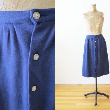 Vintage 80s Navy Blue Jersey Skirt M - Simple Dark Blue Button Front Knee Length Skirt - Soft Casual Skirt - 80s Preppy Clothing - JG Hook 