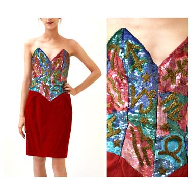 90s Sequin Leather Dress by Michael Hoban Strapless Small Zodiac Astrology Signs// Metallic Red Gold Sequin Dress Celestial Stars Small 
