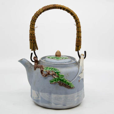 Antique Chinese Pottery Teapot with Applied Cranes and Trees 