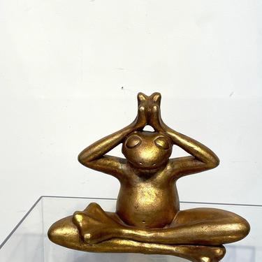 Meditating Yoga Frog - Gold Mid Century Modern Statue Sculpture 