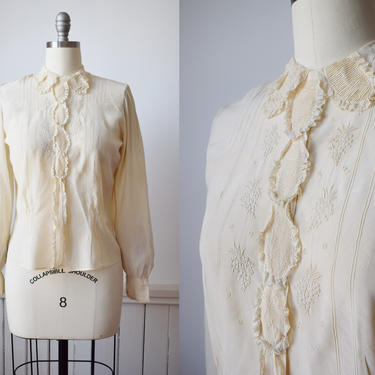 1930s/40s Silk Blouse | Vintage 30s/40s Hand Sewn Silk Blouse with Lace Details | Cuff Sleeves | M 