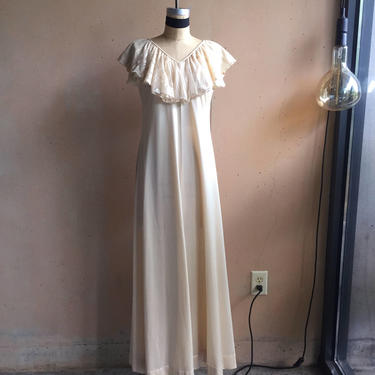 Lovely Vintage 80s Beige Gown Slip Dress w/ Ruffled V Neckline 