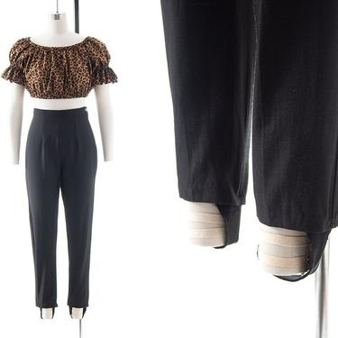 Vintage 1940s 1950s Stirrup Pants | 40s 50s Black Stretchy Sportswear High Waisted Skinny Fit Side Zip Trousers (small) 