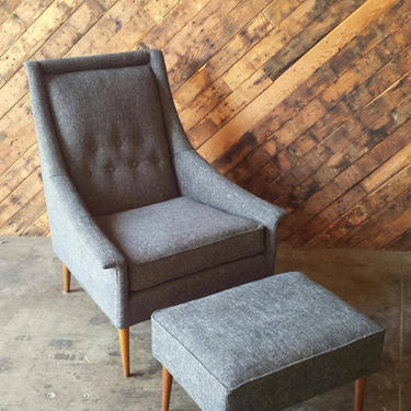 Mid Century Blue Grey Lounge Chair with ottoman 