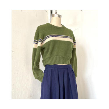 Green Crop Sweater, Recycled wool striped sweater, Vintage Pullover, Handmade Sweater, Up-cycled wool, SZ M 