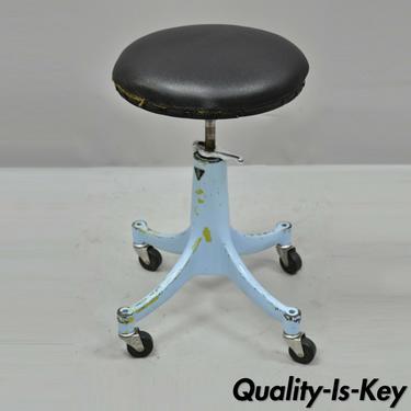 Antique Bausch &amp; Lomb Optical Blue Industrial Cast Iron Medical Adjustable Stool