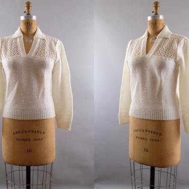 70s White Knit Eyelet Sweater Medium Large 