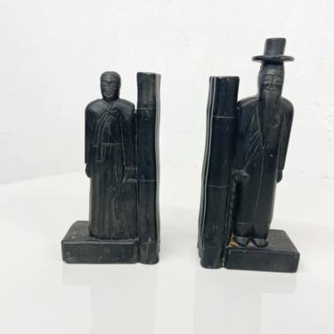 Vintage His and Her Pair Asian Scholar BOOKENDS in Carved Black Stone 