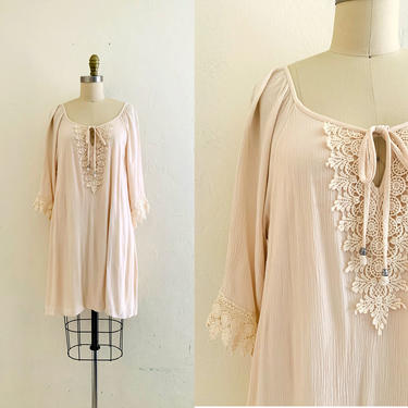 vintage beige gauze summer dress // crochet dress 