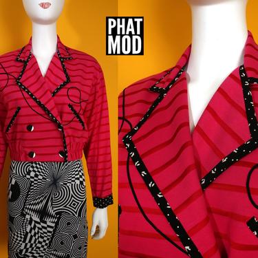 BOLD Vintage 90s Bright Pink &amp; Red Stripe Abstract Line Statement Cropped Jacket 