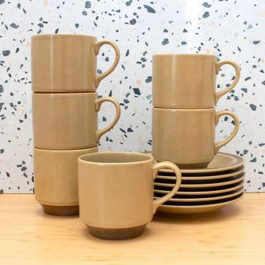 Vintage 1970s Hearthside Dogwood Brown Speckled Stoneware Tea Cups & Saucers Coffee Mugs - Made in Japan - Set/6 