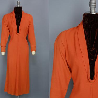 1930s TWO TONE Dress | Vintage 30s Orange Rayon &amp; Brown Silk Velvet Dress with High Neckline | large 