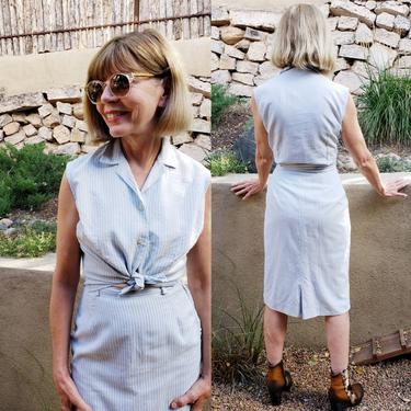1960s Blue White Striped Cotton Skirt Suit / 60s Sleeveless Summer Skirt and Button Down Blouse Set / S / Bobbe Abbott 