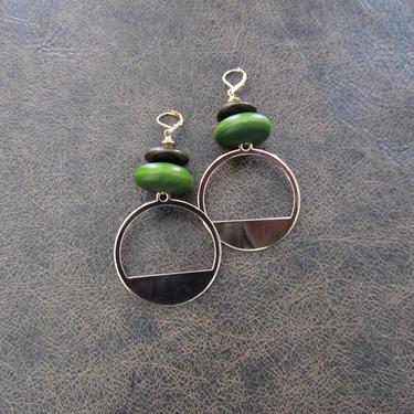 Hoop earrings, brass gold and wood earrings, mid century modern earrings, bold statement earrings, artisan unique modern earrings, green 