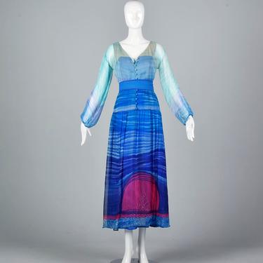 Small Travilla Flowy Silk Dress Long Sleeve Royal Blue Evening Gown Vintage 1970s 70s Full Length Dress Watercolor Art 