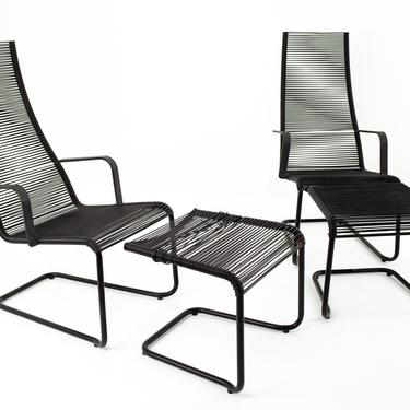 Corded Mid Century Outdoor Chairs with Ottoman - Pair - mcm 