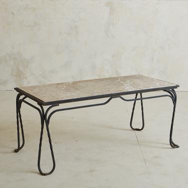 Wrought Iron Coffee Table with Marble Tabletop, France 20th Century