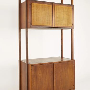 Founders Style Mid Century Walnut Cane Front Freestanding Wall Unit Section Bookcase - mcm 