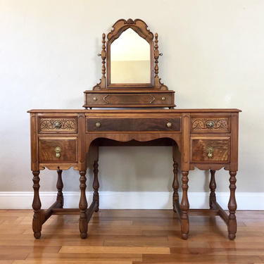Antique Solid Wood Desk / Make-up Vanity with Mirror 