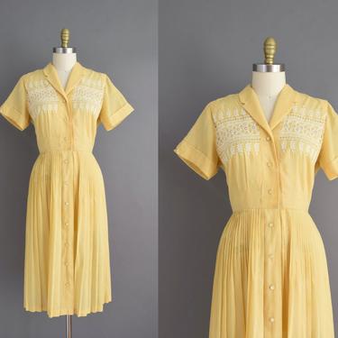 vintage 1950s dress | Golden Yellow White Floral Embroidered Cotton Shirt Dress | Medium | 50s vintage dress 