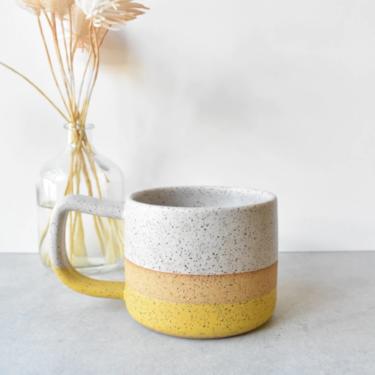 Short Speckled Stoneware White and Mustard Yellow Simple Color Block Handmade Ceramics Mug 