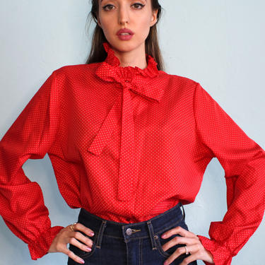 Vintage 1970s Red Polkadot Blouse, Ruffle Neck with Bow Union Made Long Sleeve Shirt, Size Medium 