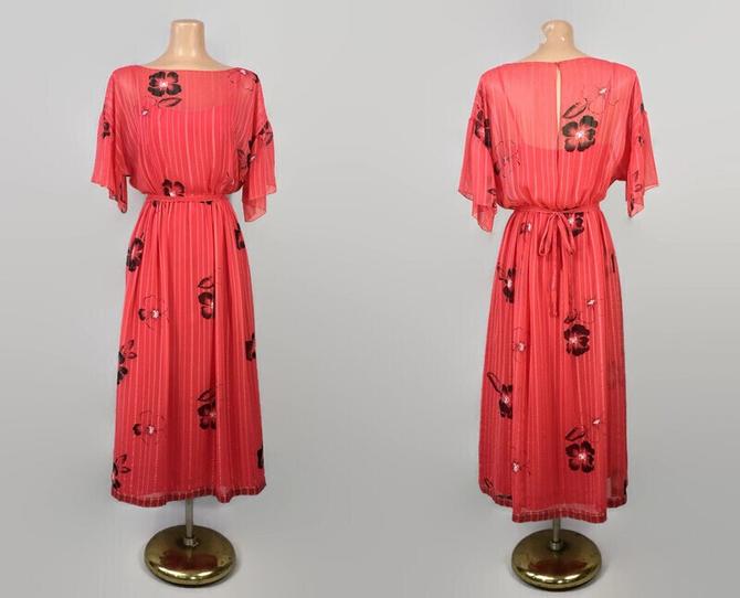 VINTAGE 1980s RARE Olga Levantin French Silk Chiffon Dress | 70s 80s Red Hibiscus Print Sheer Dress | Designer Vintage Bohemian Dress Sz 6 