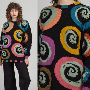 80s 90s Christine Foley Hurricane Pattern Sweater - Large | Vintage Slouchy Black Colorful Knit Pullover 