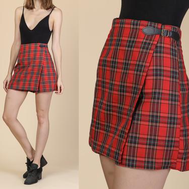 90s Preppy Plaid Mini Skort - Extra Small | Vintage Red Kilt Wrap High Waist Schoolgirl A Line Skirt Shorts 