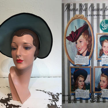 Reserved for Marie - Who's a Pin Up, Me? - Vintage WW2 1940s Aqua Blue Felt Halo Wide Brim Slouch Hat w/Black Velvet Trim 