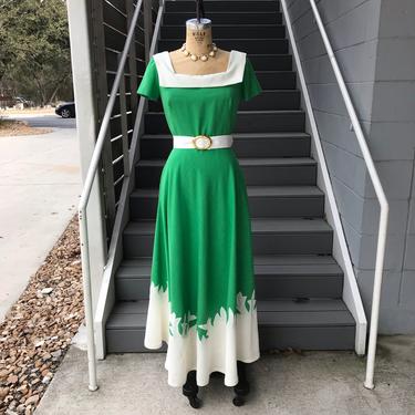 1970's Green Maxi Dress with White Trim