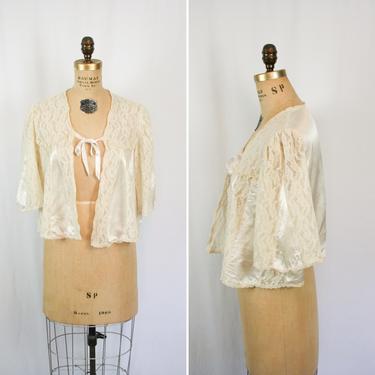 Vintage 50s bed jacket | Vintage ivory satin lace bed jacket | 1950s Rayon bed jacket 