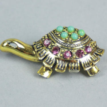 1960s TURTLE Brooch | Vintage 60s Figural Tortoise Pin with Blue &amp; Purple Accents 