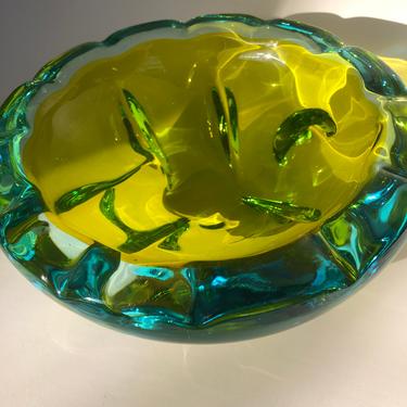 Vintage Art Glass Candy Dish, Blue and Green Thick Handblown Glass Bowl 