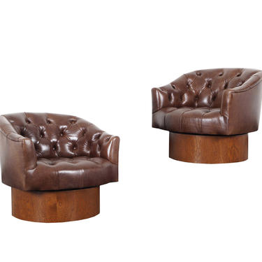 Vintage Leather Swivel Lounge Chairs by Milo Baughman