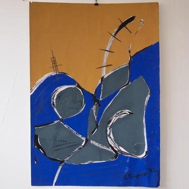 Original Vintage R. TIMPANO ABSTRACT Expressionist PAINTING 39x28&quot; Oil / Paper, Mid-Century Modern Art dark blue ochre eames knoll era 