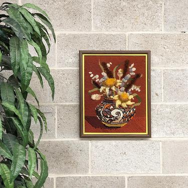 Vintage Crewel Embroidery Retro 1970s Size 20x16 Homemade Crewel Flower Pot + Vase + Floral + Wood Frame + Boho Fiber Wall Art + Home Decor 