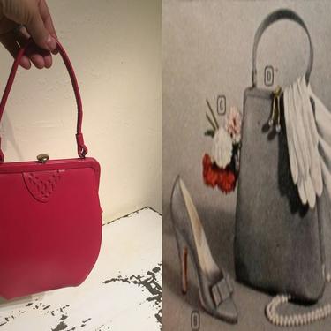 The Complete Look - Vintage 1940s 1950s Fuchsia Cerise Pink Leather Tall Handbag Purse 