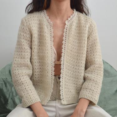 beige loose knit wool cropped cardigan 
