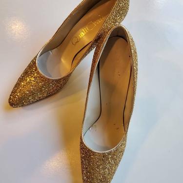 Gold gliltter heels vintage by Quali Craft with pointed toe, 1950's 