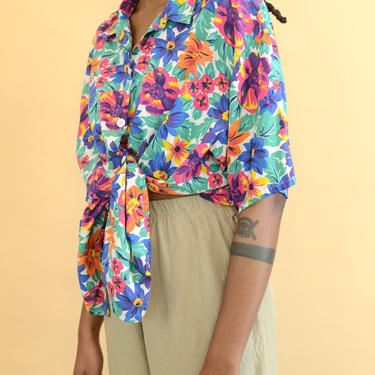 Vintage Multicolor Floral Print Short Sleeve Oversize Shirt (XL) 