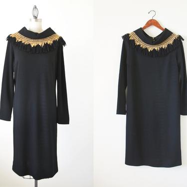 SALE~1960s black dress / vintage knit dress / wide collar dress 