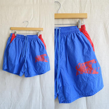 Vintage 80s OP Swim Trunks/ 1980s Blue Red Ocean Pacific Board Shorts/ Size Medium 