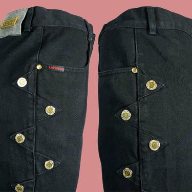 1980s high rise jeans. Studded with buttons. Black. 80s western jeans. By Lawman. (29 × 34) 